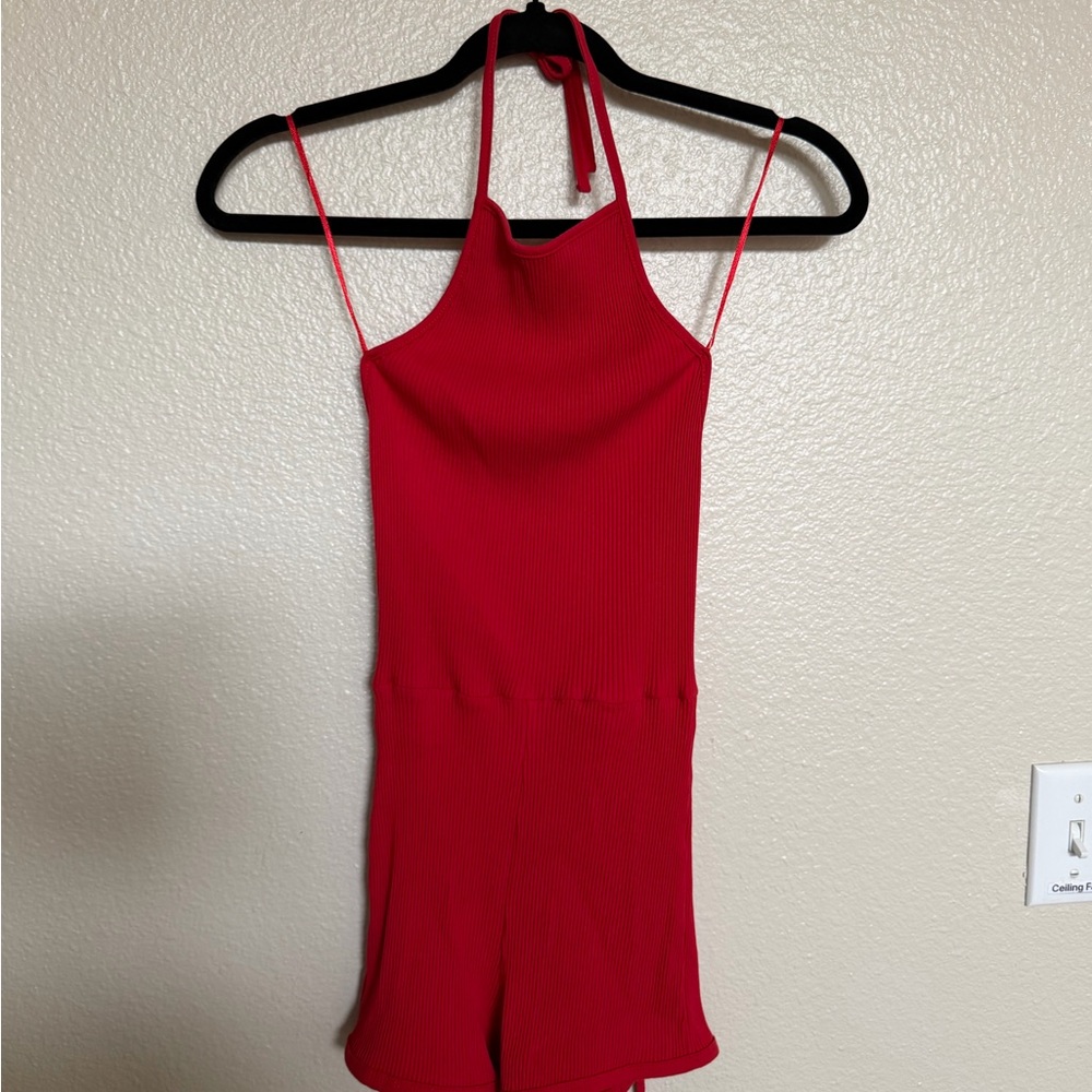 Zara Bright Red Ribbed Halter Romper